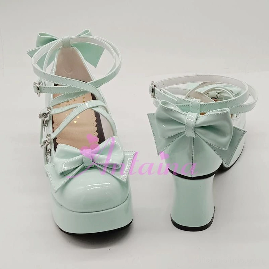 Light blue matte Lolita Mary Jane platform shoe worn in full Lolita coordinate with matching dress and accessories for complete styling inspiration