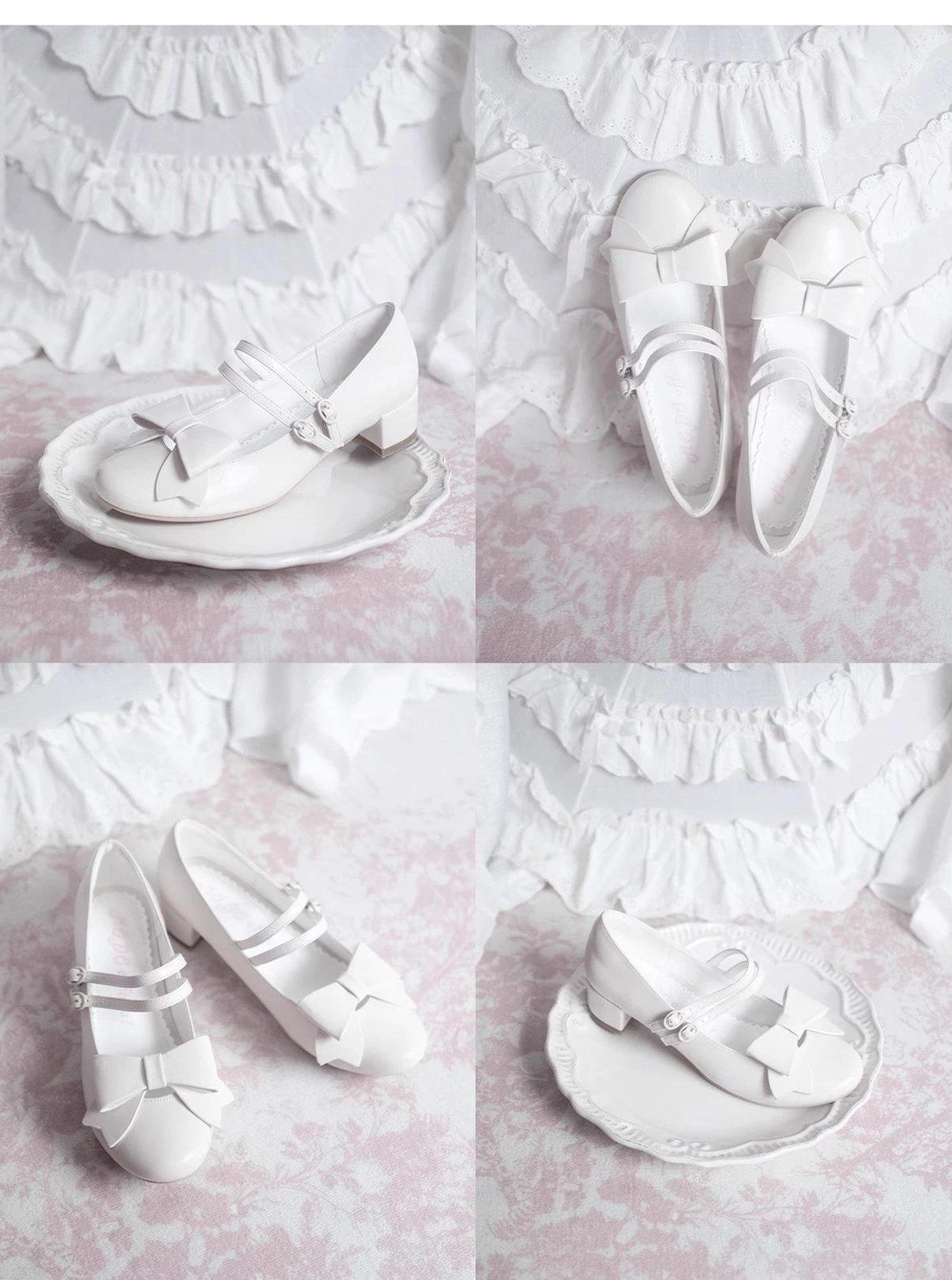 Light blue pointed toe Lolita Mary Jane shoes with low block heel and classic bow decoration displayed flat lay vintage styled photography sweet Lolita aesthetic