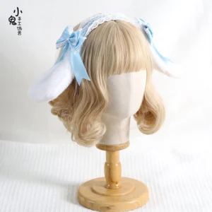 Light blue sweet lolita rabbit ear KC headband with fluffy ears detachable light blue satin bows white lace trim front angle