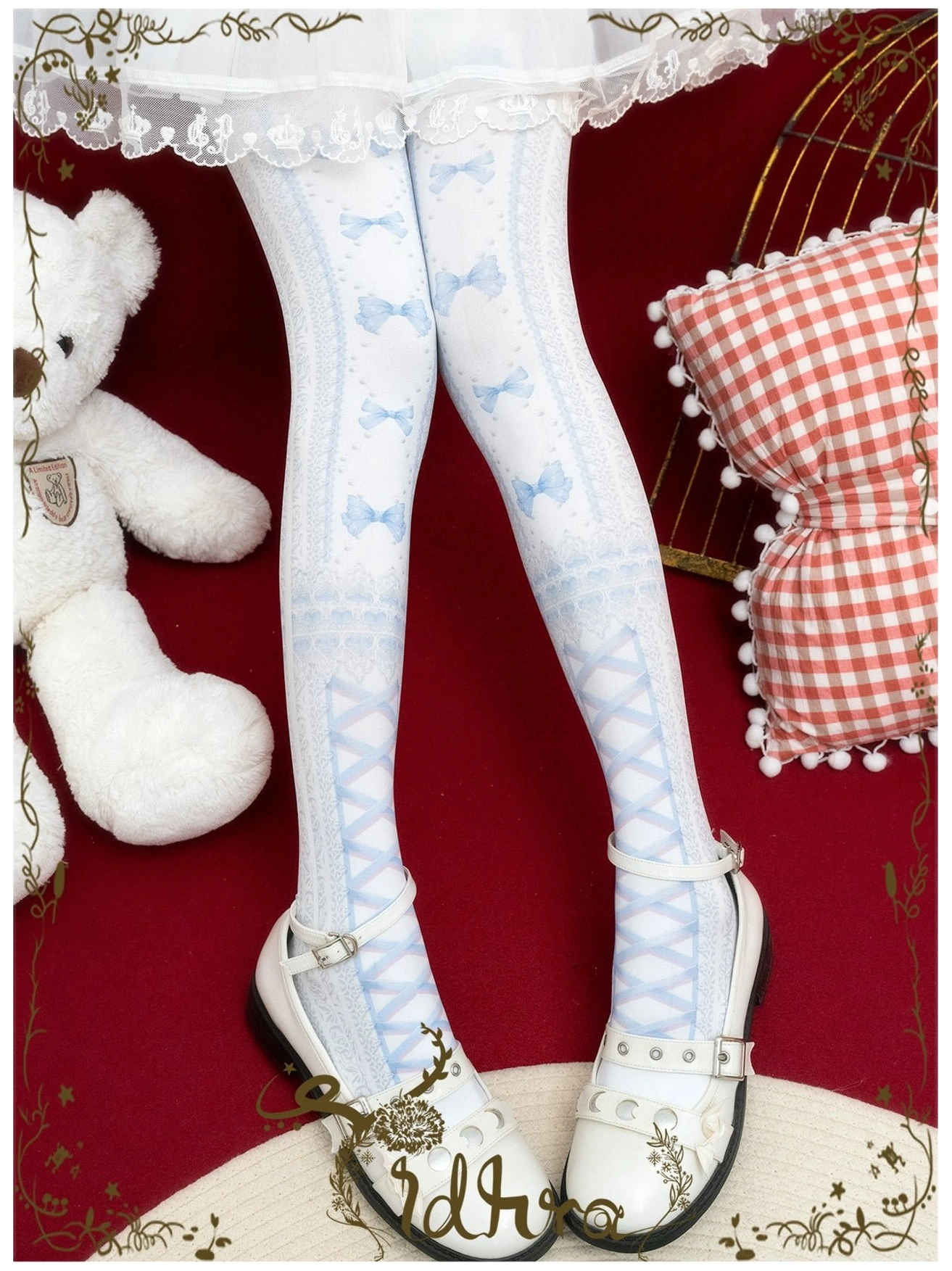 Light blue regular lolita pantyhose with blue bow prints and cross-strap pattern white lace calf trim paired with white lolita skirt outfit