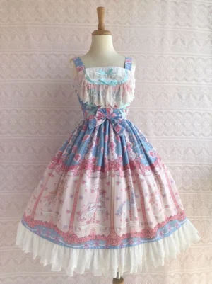 light-blue-rose-carousel-sweet-lolita-jsk-dress-front-view-wooden-mannequin-lace-neckline-waist-bow