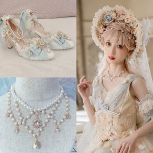 Light blue satin Lolita ankle-strap high heels with blue bow and pearl rhinestone decorations, flat lay and side view, stiletto heel design