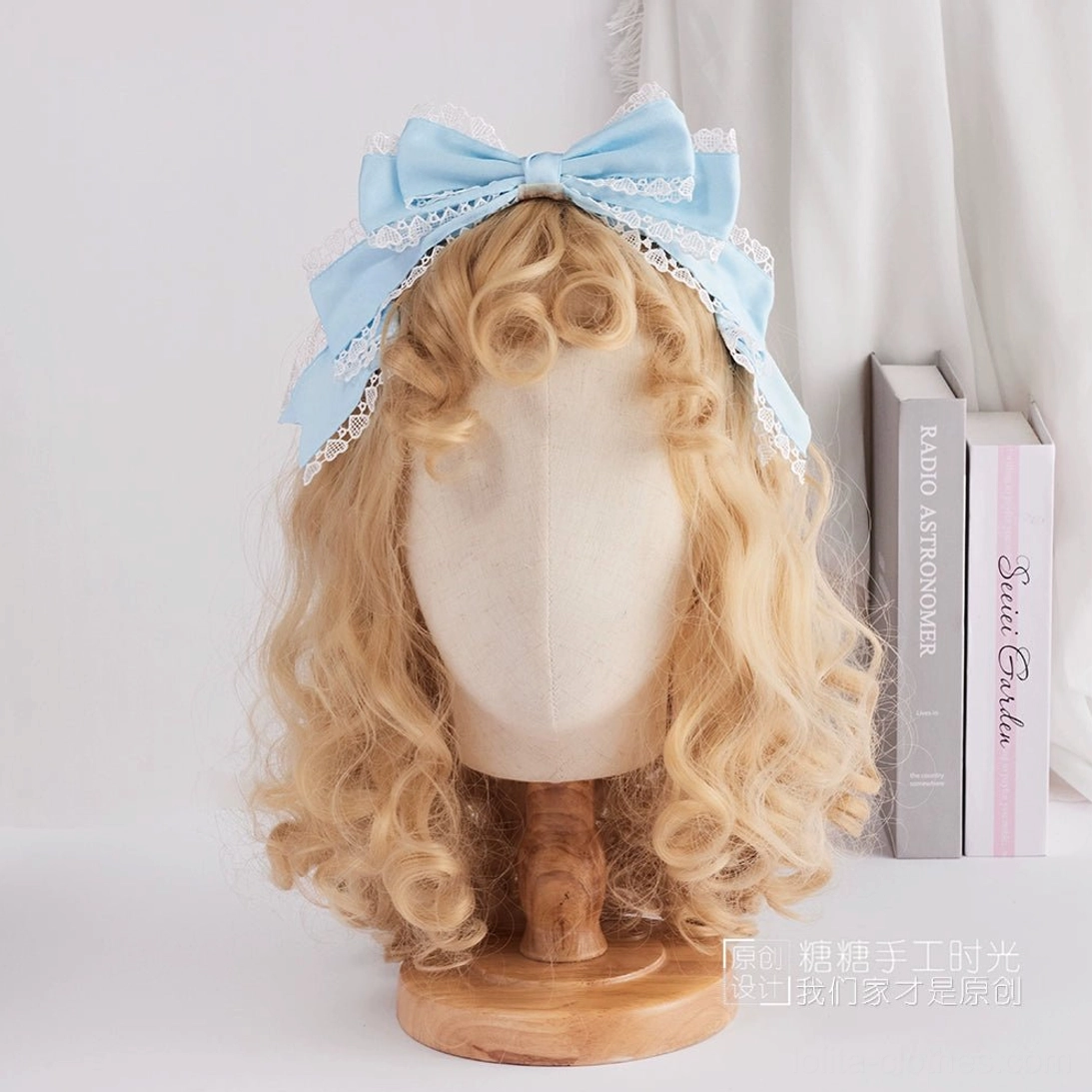 Sweet lolita light blue satin oversized bow headdress white scalloped lace trim identical style frontal display mannequin
