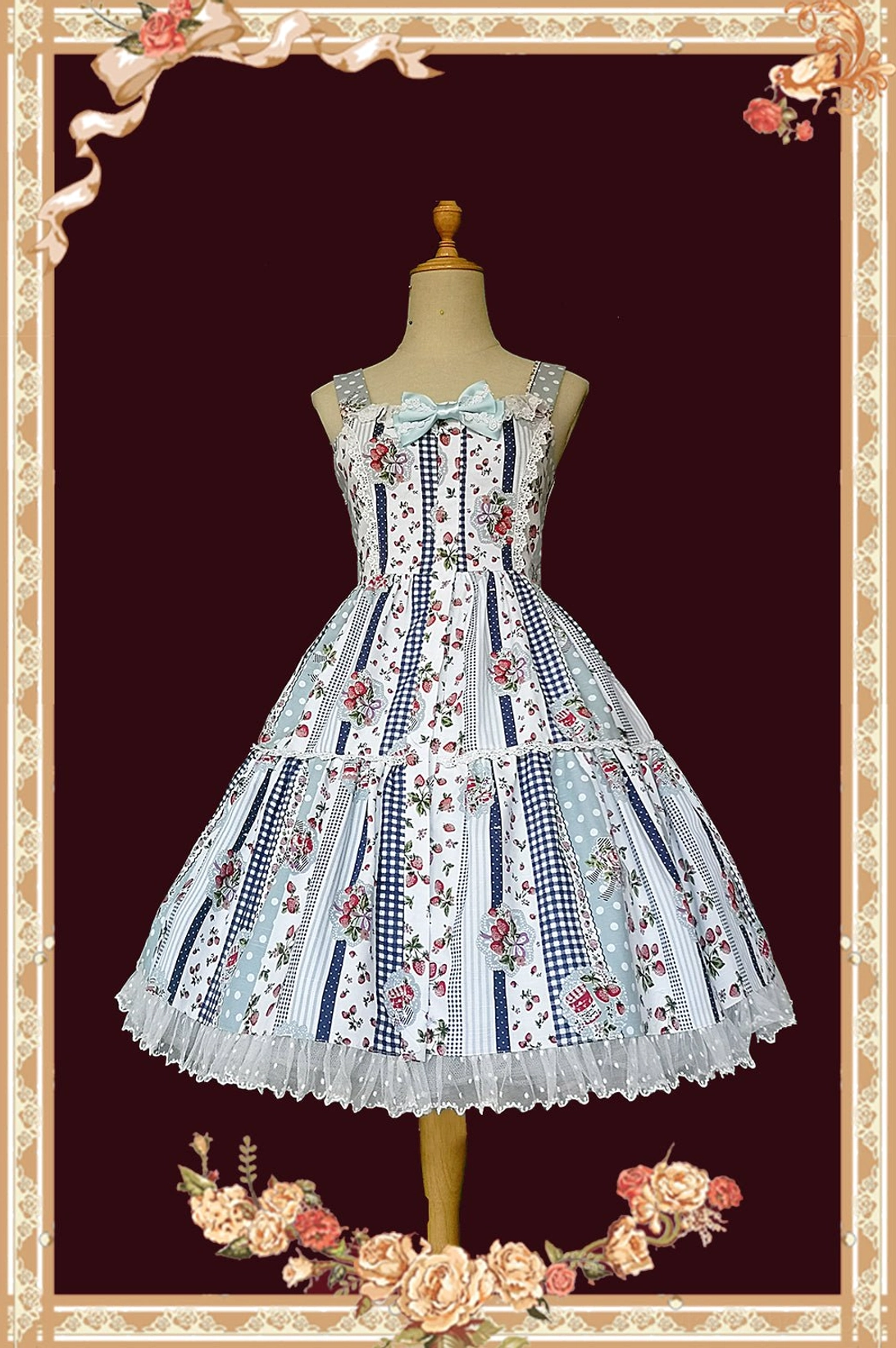 Light blue strawberry gingham sweet Lolita JSK dress multiple size options S M L XL XXL, patchwork floral prints, lace details, available color variants