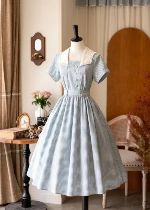 Front full-body view of light blue vertical striped classic Lolita OP dress with white sailor collar, short sleeves, and fitted high-waist design on display mannequin