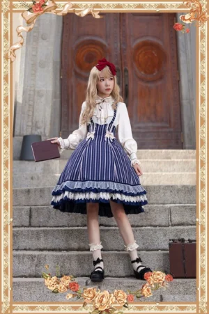 light-blue striped halter jumper skirt lolita dress set with matching capelet on blonde model wearing frilled socks and mary jane shoes