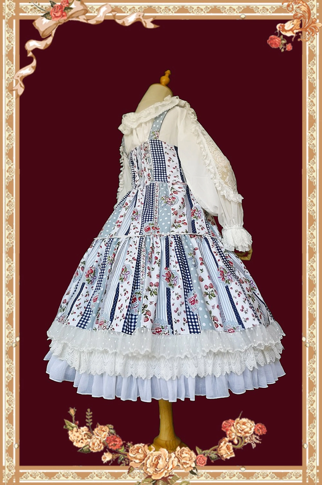 Light blue gingham sweet Lolita JSK dress back view with bishop sleeve blouse, floral patchwork, ruffled lace sleeve cuffs, back lace trim detail, vintage frame