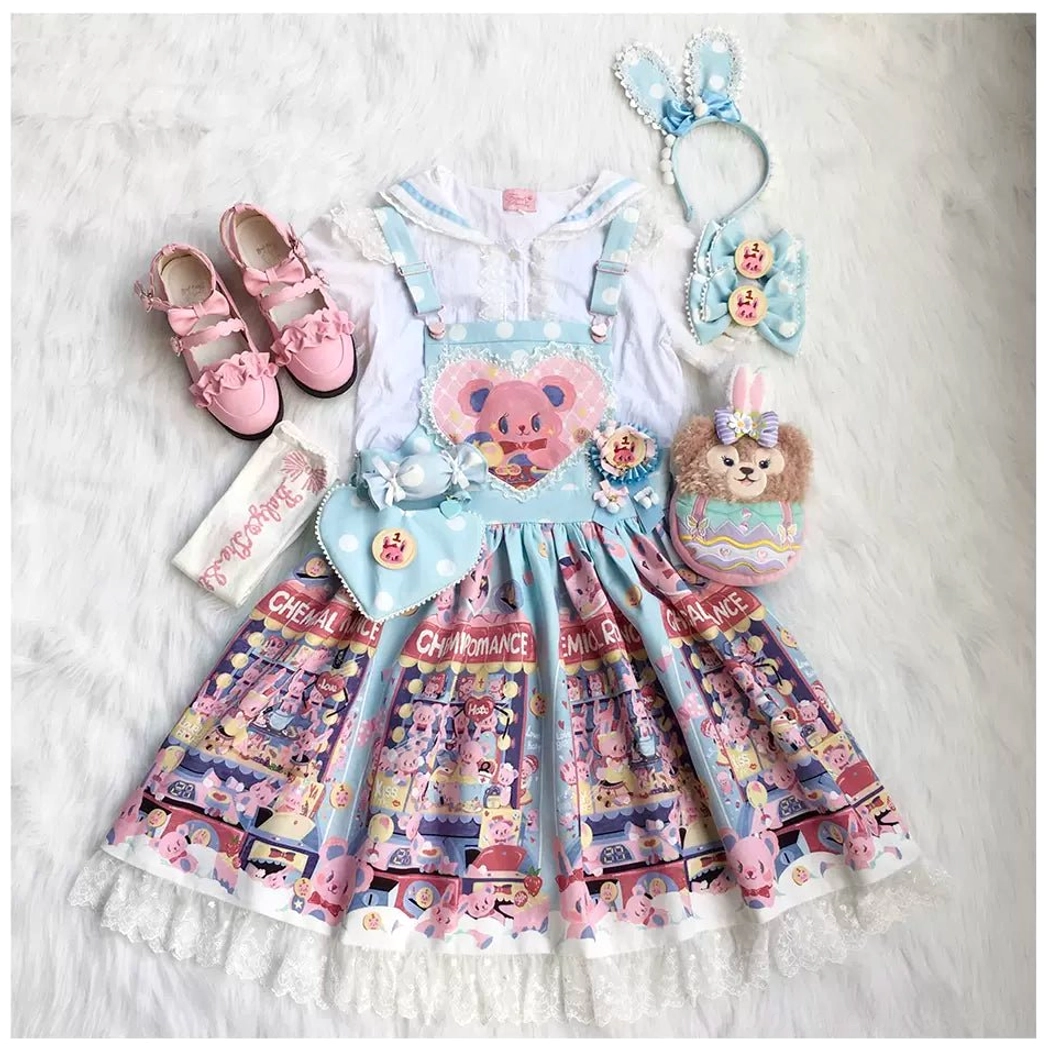 Light blue sweet lolita salopette cartoon bear heart print pink mary jane shoes plush bag flat lay