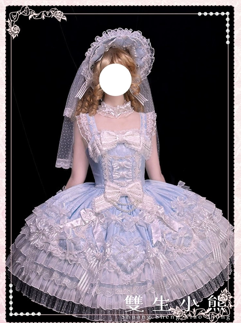 Light blue sweet lolita wedding JSK dress form front view black background rose border square neckline multi-layered tulle ruffled skirt bridal bonnet