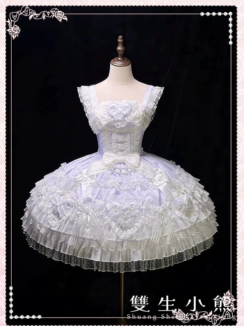 Light blue sweet lolita wedding JSK dress mannequin front view black background floral border embroidery lace square neckline multi-layered tulle