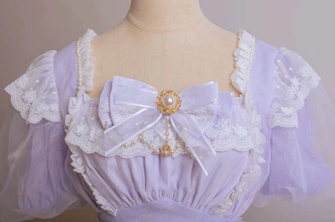 Light blue waltz lolita trailing accessory with delicate 3D dimensional flowers and lustrous pearl decorations on elegant sheer mesh base
