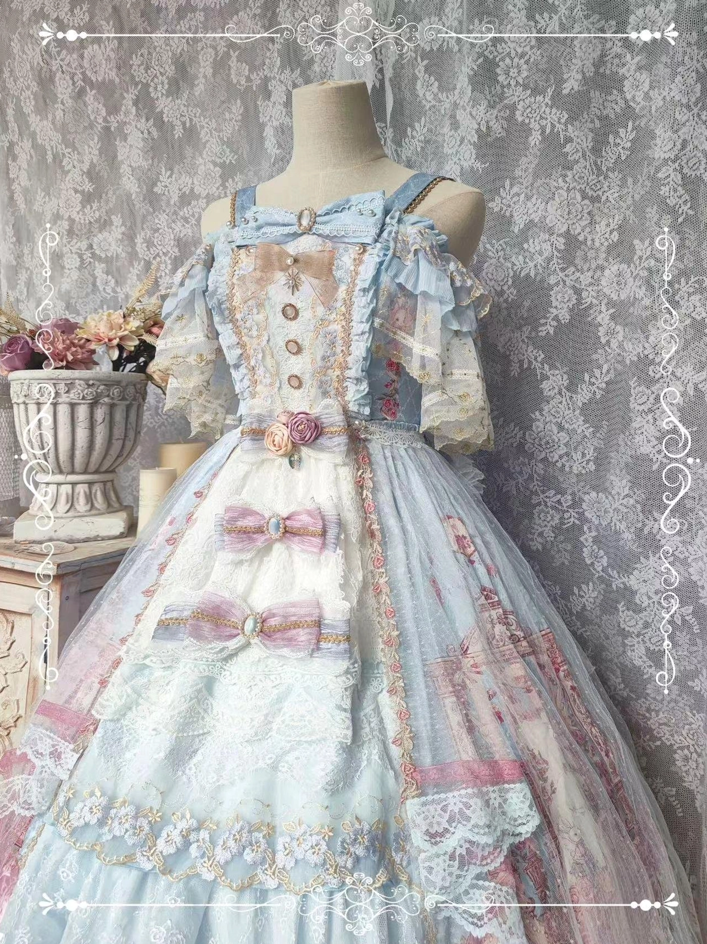 Wedding Lolita JSK dress light blue color version styled with bridal accessories and veil