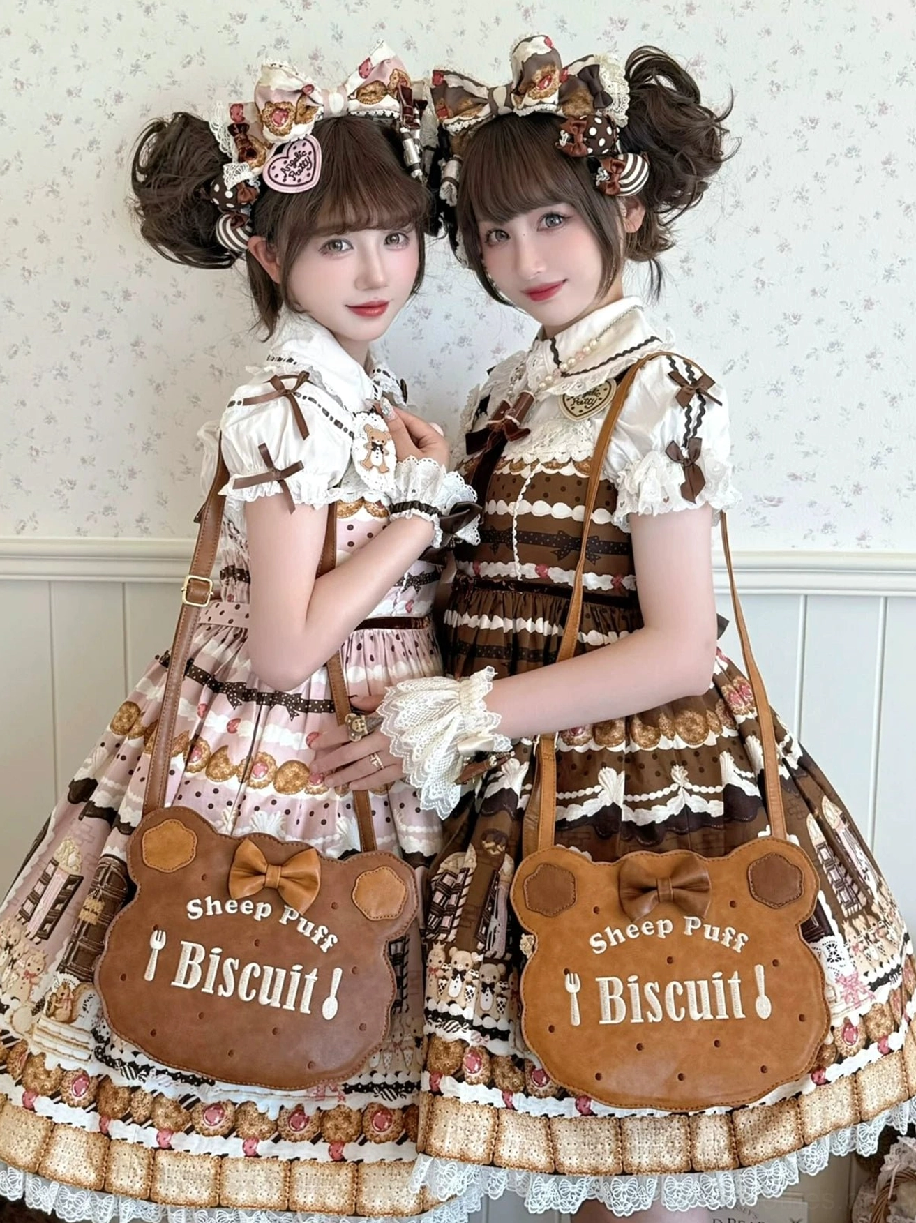 Bear-ear biscuit kawaii lolita handbag in light brown color shown from multiple angles with detachable shoulder strap