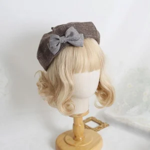 Light brown grey-brown plaid sweet lolita beret with grey satin bow front display angle on blonde mannequin, octagonal checked woolen fabric lolita hair accessory, detachable satin bow decoration