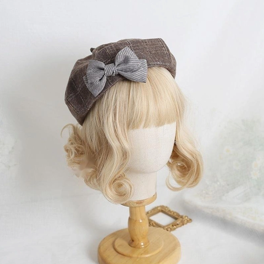 Light brown grey-brown plaid sweet lolita beret with grey satin bow front display angle on blonde mannequin, octagonal checked woolen fabric lolita hair accessory, detachable satin bow decoration