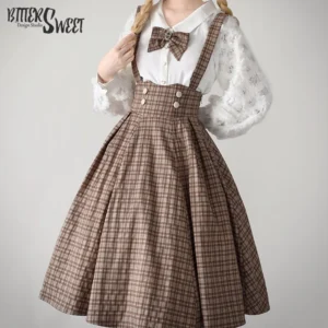 Light brown vintage tartan high-waist Lolita skirt with detachable cross-back suspenders, front three-quarter view with full-body modeling, paired with white ruffled blouse and decorative bow