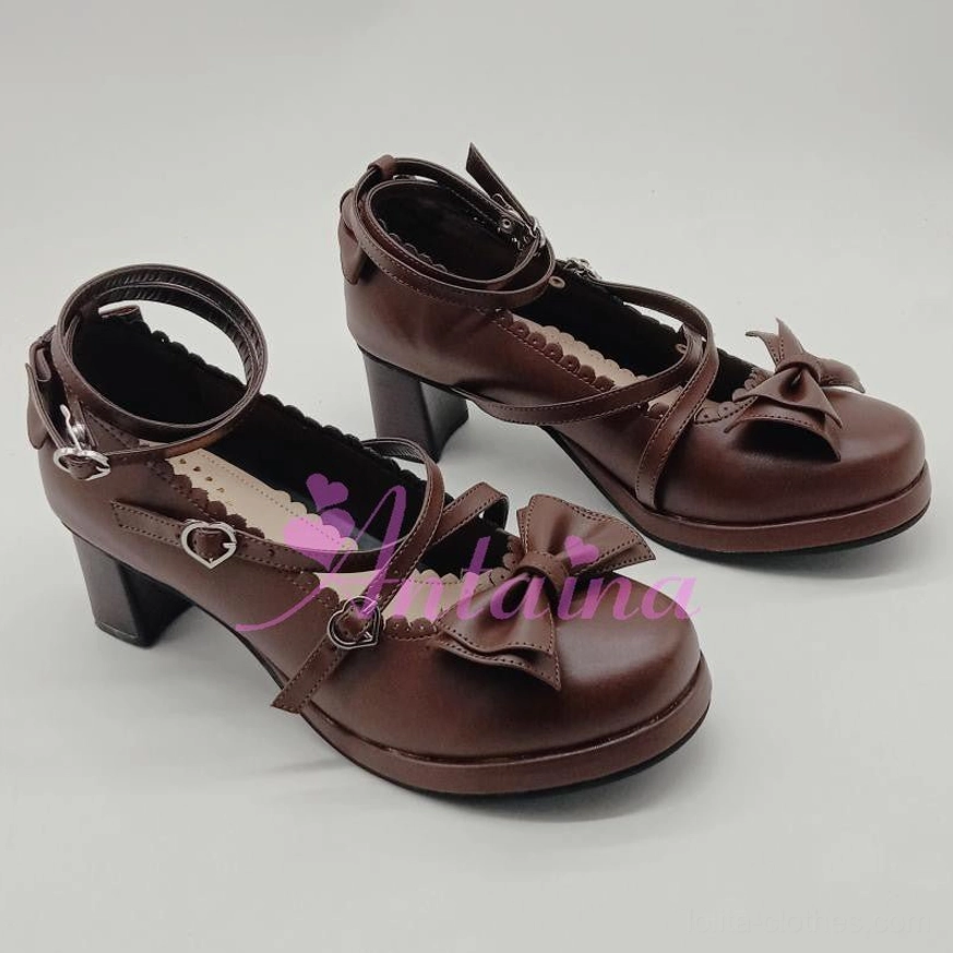 Light coffee brown lolita tea party heels featuring crossover ankle straps with heart-buckle fastenings, scalloped collar, decorative details, and 6.3cm heel