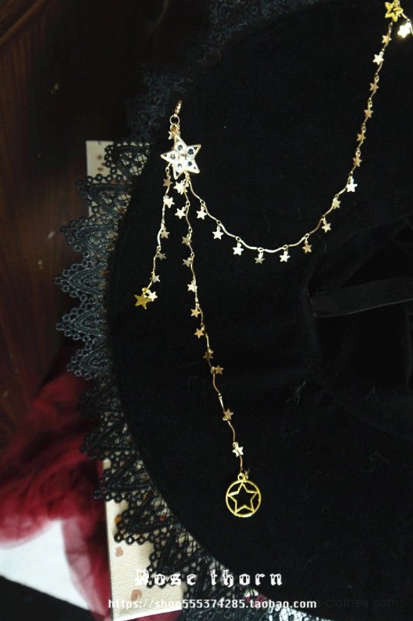 Light gold bow ribbon lolita witch hat without veil and star chain, elegant steampunk gothic fusion headdress