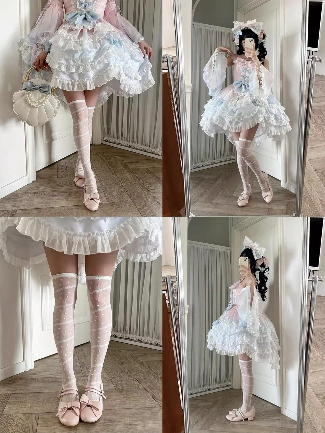 Light gray Lolita Mary Jane shoes classic elegance refined silhouette low block heel ankle strap bow displayed sophisticated Lolita style footwear