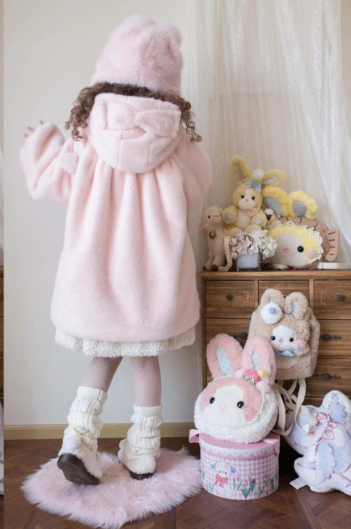 Light gray lolita winter thickened fluffy overcoat with bear ear hood and pom-pom toggle buttons, featuring smooth fleece surface and elegant silhouette
