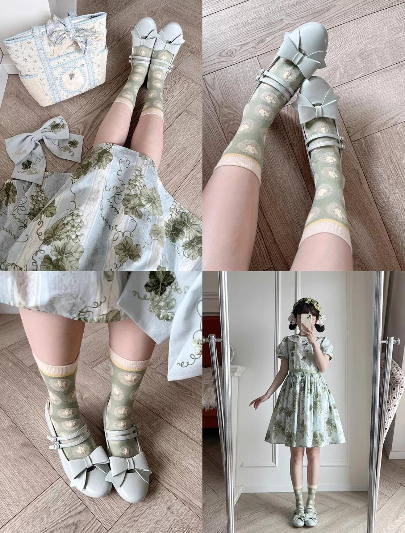 Light gray and off-white Lolita Mary Jane shoes combined flat lay and on-feet display with matching outfit ruffled mid-calf socks low block heel wooden floor indoor home setting
