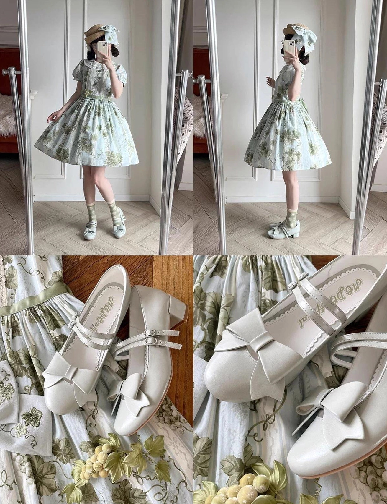 Light gray and off-white pointed toe Lolita Mary Jane shoes split flat lay and full-body mirror shots with green floral print Lolita dress matching mid-calf socks fitting room