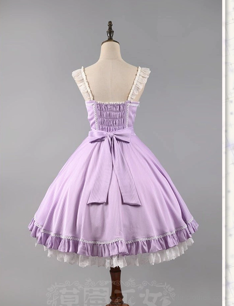 Light green solid color lolita OP dress detailed front view bow decoration waist shaping pleated hem romantic sweet style