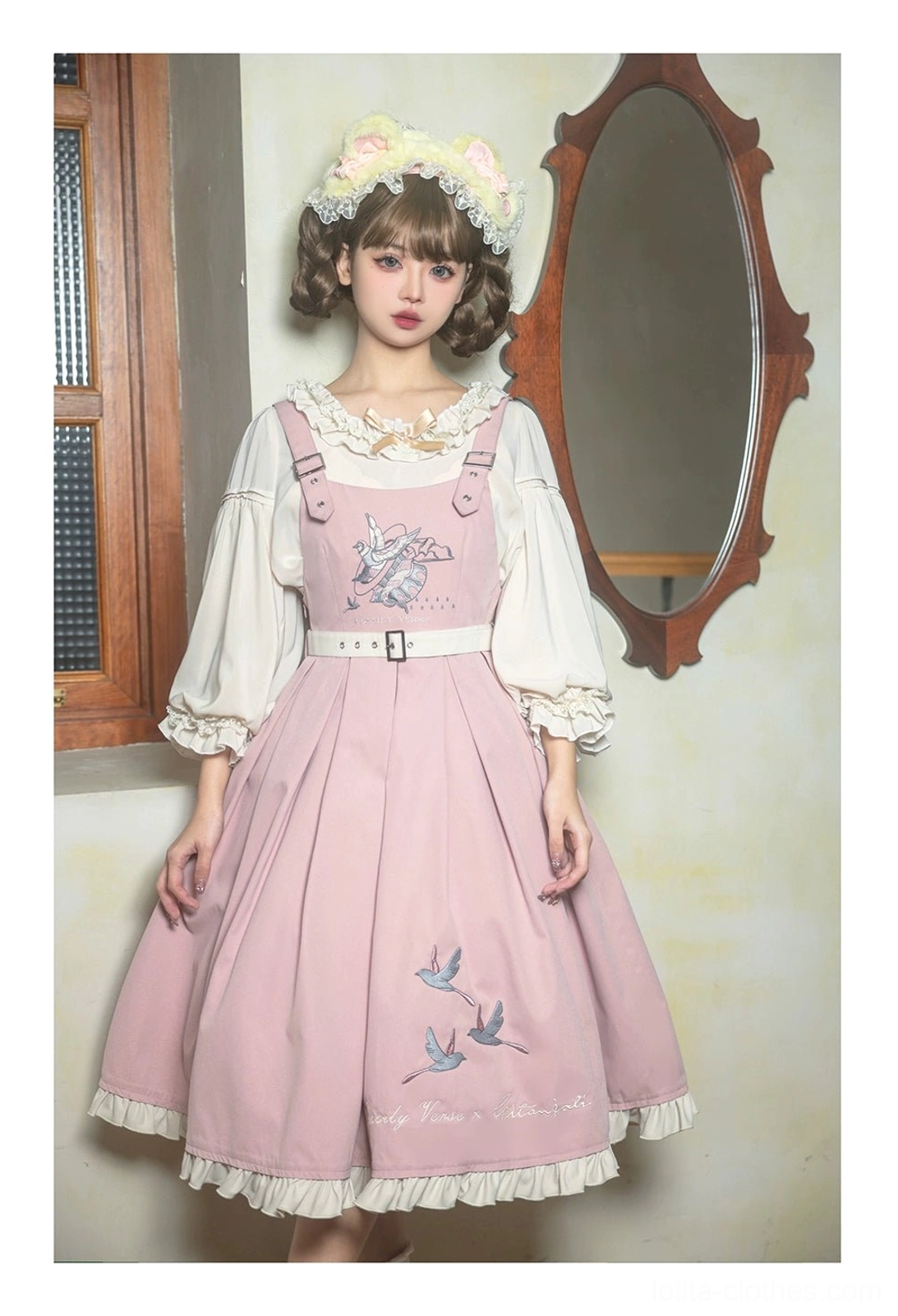 Light pink plus size Lolita JSK dress with bird embroidery coordinated with matching inner blouse full ensemble detail view