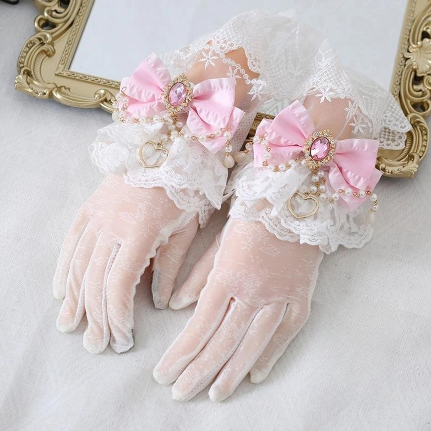 Light pink satin bow vintage lolita lace gloves white ruffled cuffs sweet lolita style pearl heart pendant charms