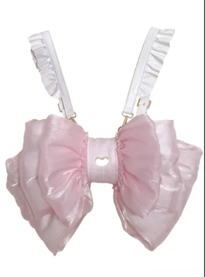 Light pink satin butterfly bow lolita bag flat lay front view with heart metal ornament and pleated organza ruffles