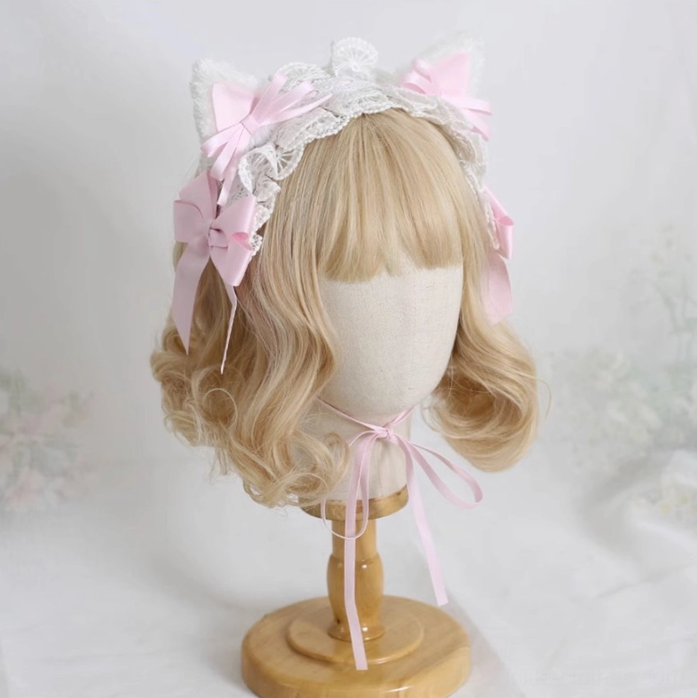 light pink cat ear sweet lolita headband with pastel satin bows white lace trim romantic aesthetic