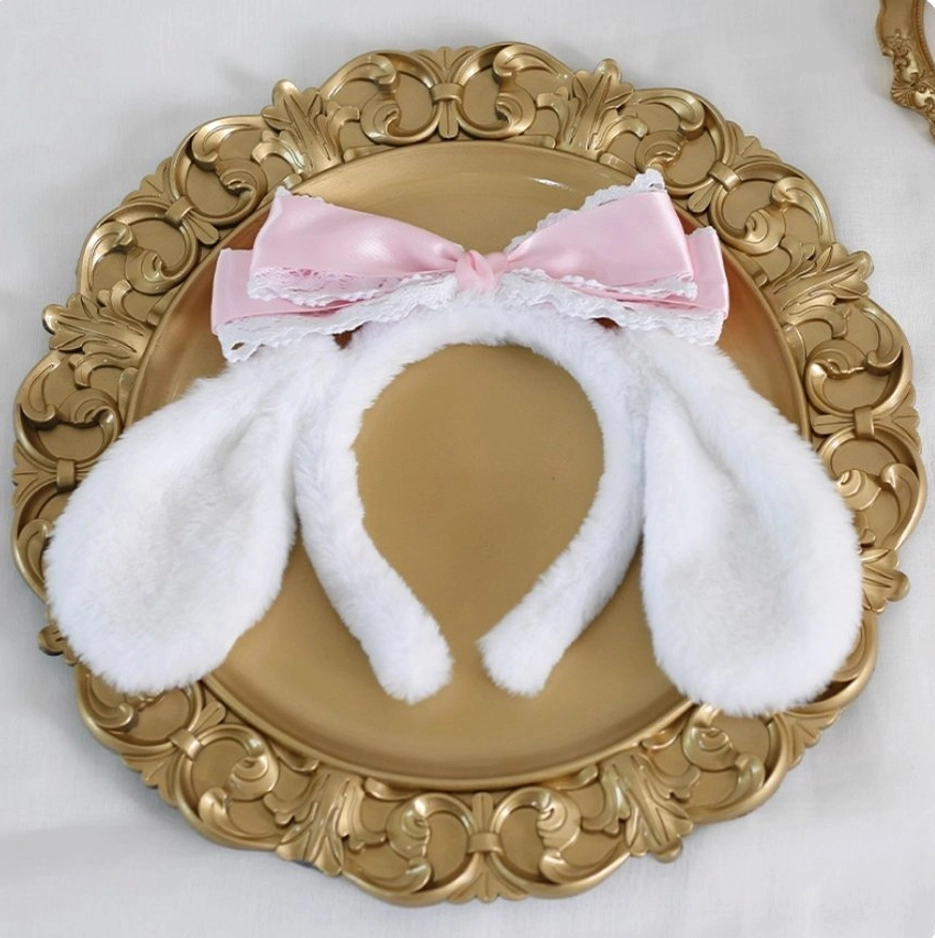 Light pink Cinnamoroll plush ear lolita headband white fluffy ears soft satin pink bow white lace border vintage gold plate display
