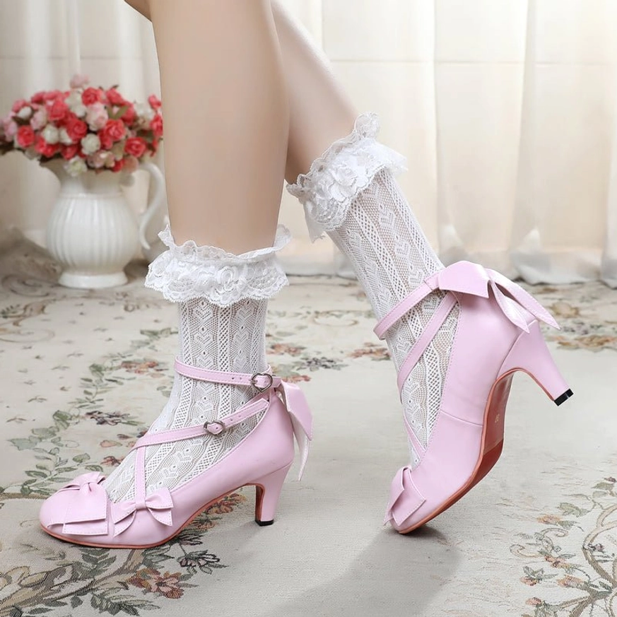 Light pink cross-strap sweet Lolita Mary Jane heels ultimate sweet Lolita color perfect for innocent-themed coordinates