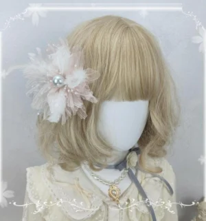Light pink organza floral lolita 2-in-1 hair clip headdress with central pearl and feather trim side view