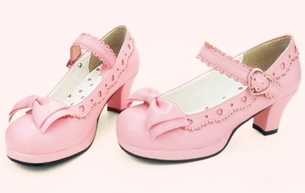 Light pink lolita bow strap heel shoes side profile showing chunky heel and scalloped strap details
