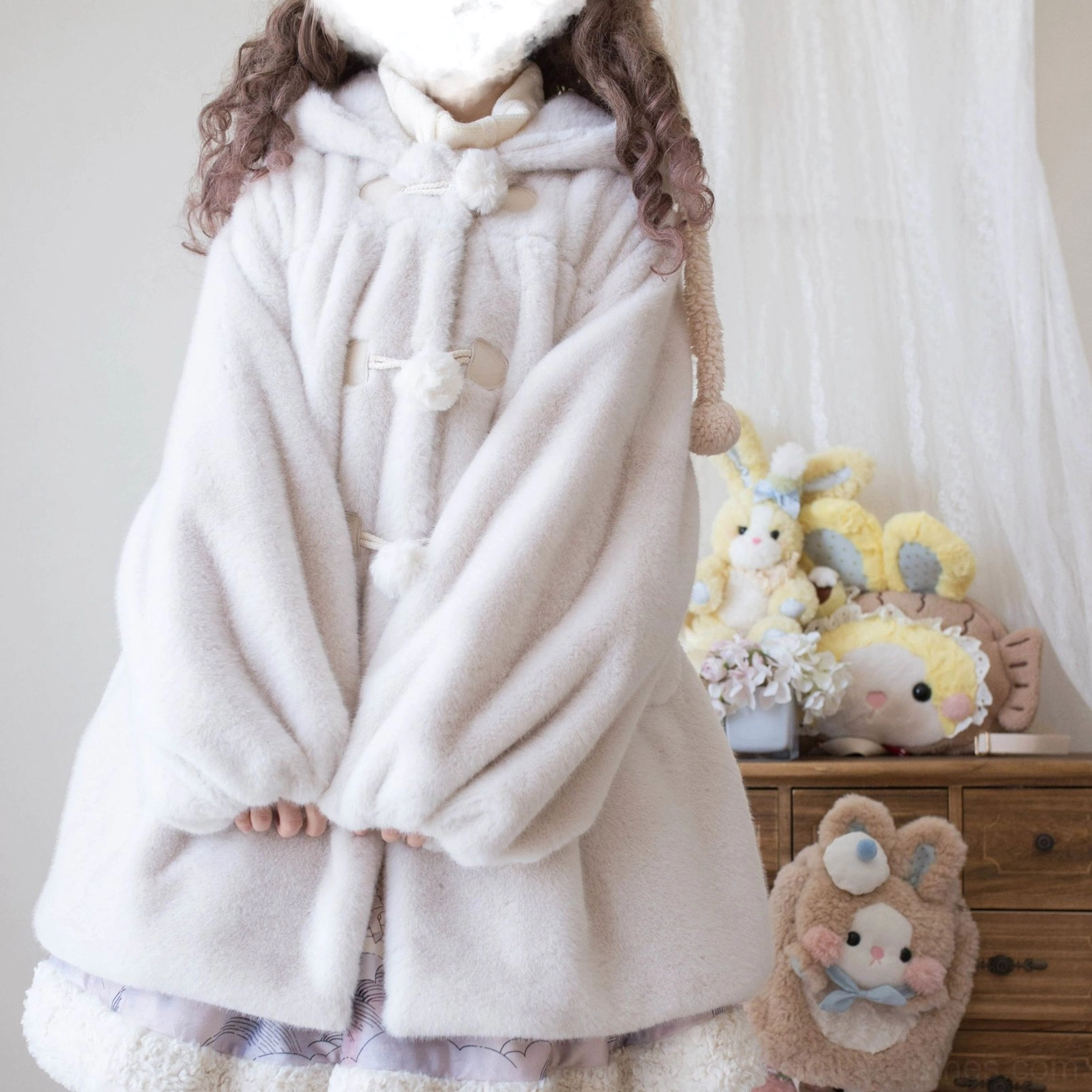 Light pink lolita winter thickened fleece overcoat with functional side pockets, bear ear hood and pom-pom buttons, sweet lolita styling coordinate
