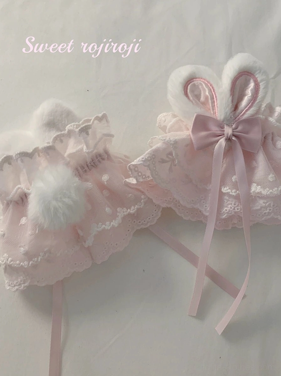 Two styles light pink rabbit ear lolita lace wrist cuffs fur pom-pom satin bow ribbon straps comparison