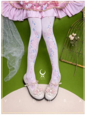 Light pink sakura print Lolita pantyhose 120D featuring blue vine and pink cherry blossom patterns matched with pink frilly Lolita skirt and white bow Lolita shoes overhead shot