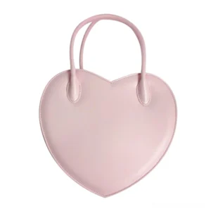 Soft pastel light pink sweet heart-shaped lolita handbag with neat stitching and dual handles front perspective