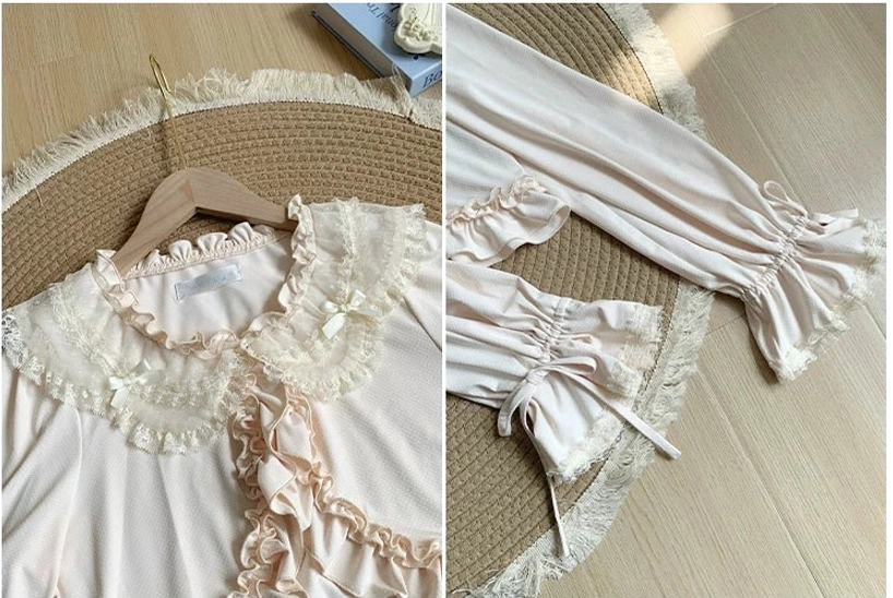 Light pink sweet lolita bolero split detail comparison left collar ruffled placket right flared ruffled cuffs bow tie straps delicate lace trim