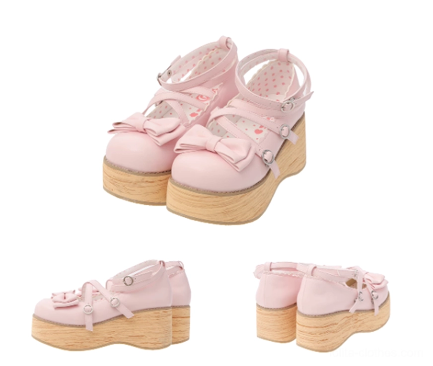 Light pink pastel glossy sweet lolita platform Mary Jane shoes with bow decorations cross ankle straps and wood grain platform sole multi-angle display