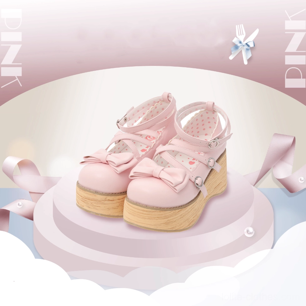 Light pink pastel sweet lolita platform Mary Jane shoes with bow details heart printed inner lining and wood textured platform sole studio display