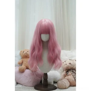 light-pink-sweet-lolita-long-curly-wig-with-hair-net-full-straight-bangs-mannequin-display-front-view