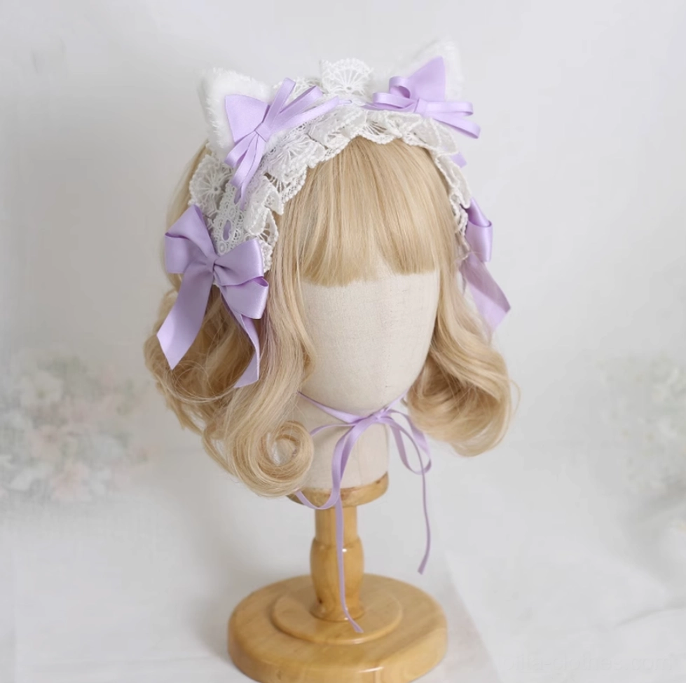 light purple cat ear sweet lolita headband with pastel satin bows white lace accents adjustable chin strap display