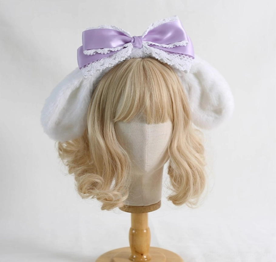 Light purple Cinnamoroll plush ear lolita headband glossy purple satin bow white fluffy ears lace trim on blonde wavy wig display