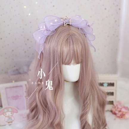 Light purple dusty lavender lolita KC bow hair clip with star metal decor dotted mesh fabric sweet romantic style