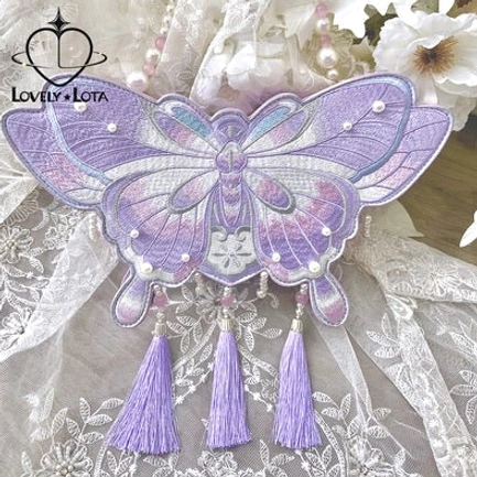 Light purple gradient Chinese Qi Lolita butterfly bag with golden embroidery delicate pearl decorations and purple tassel pendants