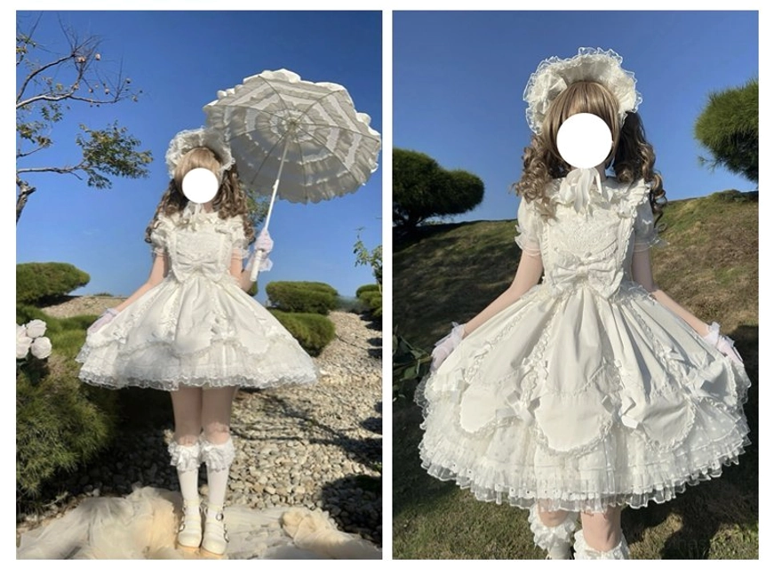 Light purple vintage Lolita bonnet showing lace trim decorative bow and playful candy accent detail