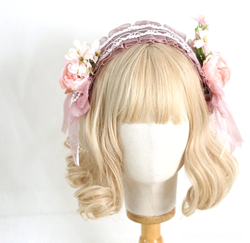 Light purple lolita floral lace headband with retaining clip showing hime lolita styling on mannequin