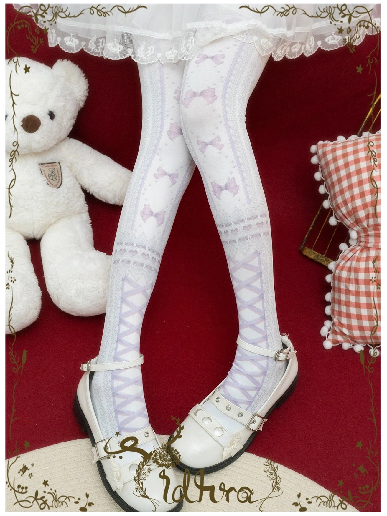 Light purple regular lolita pantyhose with lavender bow prints and purple cross-strap pattern white lace calf trim paired with white skirt